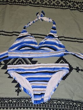 Merona Blue, Navy, White and Tan Striped Bikini Set